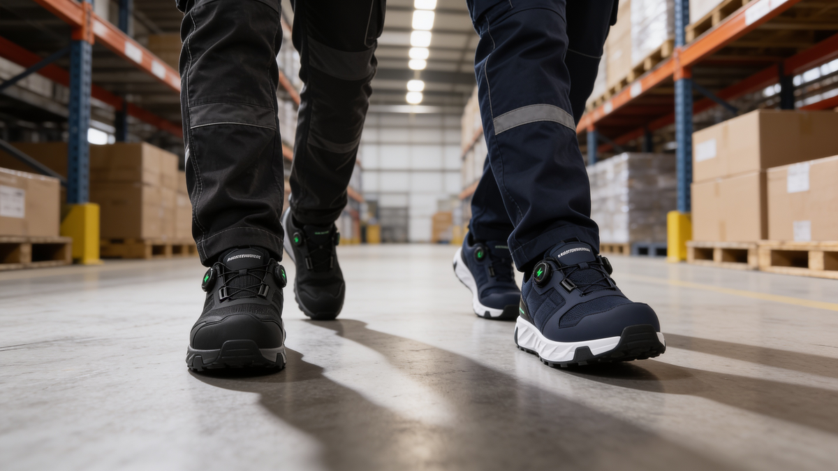 Marathonworker veiligheidsschoenen op de werkvloer