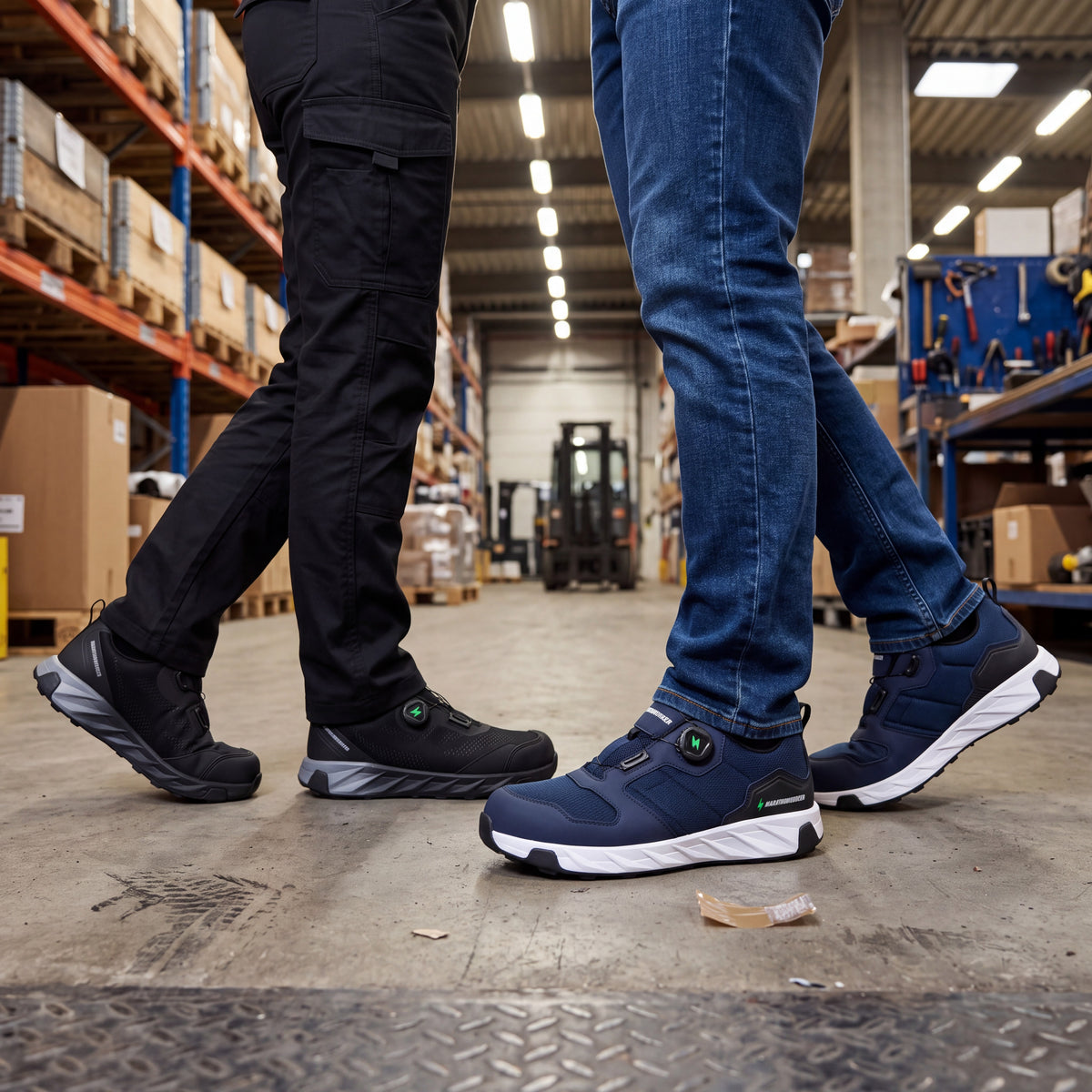 Marathonworker veiligheidsschoenen op een werkvloer